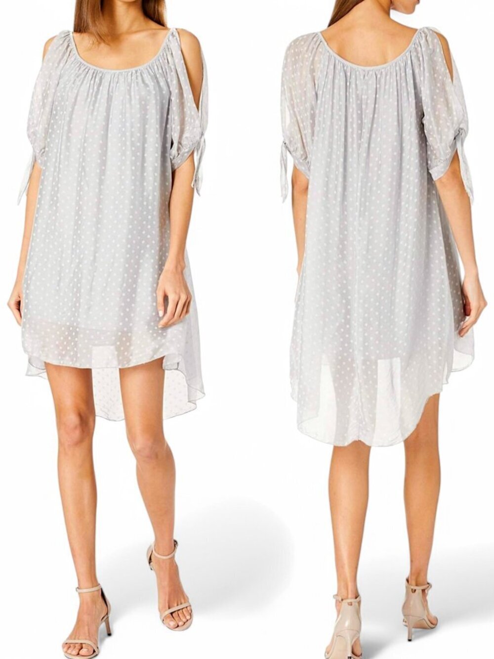M Made in Italy Light Gray Silk Polka Dot High Low Hem Flowy Dress New NWT L
